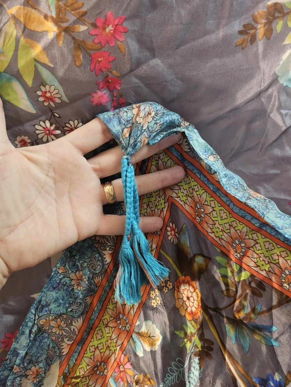 *Johnny Was Silk Square Scarf Floral Botanical Bird Print with Corner Tassels